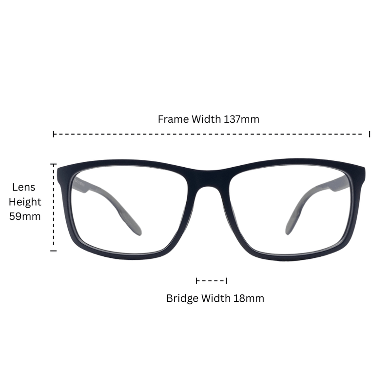 NIVOR black matte eyeglasses optical frame angle view-size chart